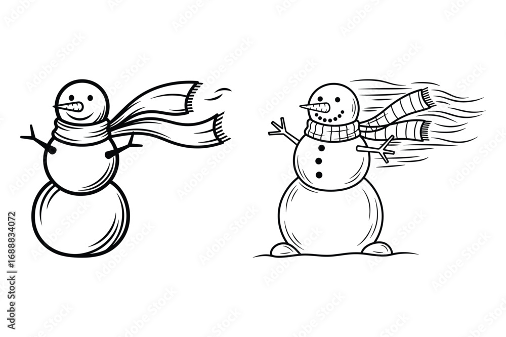Two cartoon snowmen with scarves blowing in the wind on a white background snowman winter
