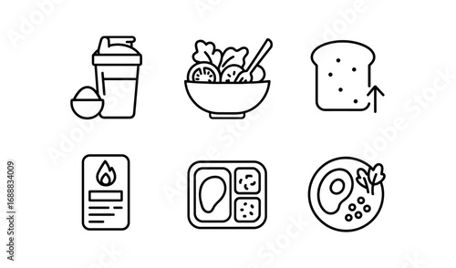 Minimalistic line icons of healthy meal options and cooking kit essentials