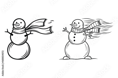 Two cartoon snowmen with scarves blowing in the wind on a white background snowman winter