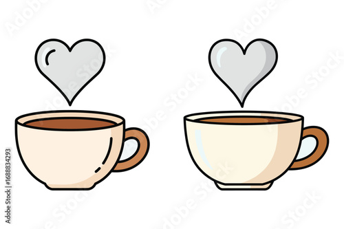 Two coffee cups with steam rising in heart shapes love