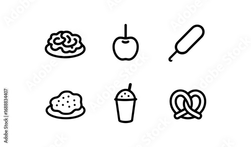 Outline icons of popular fair food: candy apple, funnel cake, corn dog, pretzel, snow cone, fried dough