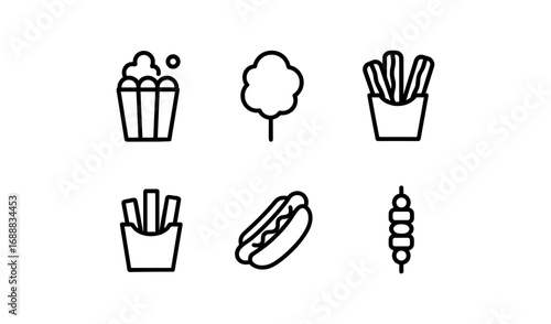 Minimalist line art of popular fast food snacks with popcorn and hot dog