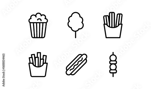Minimalist line art icons of fast food snacks and treats