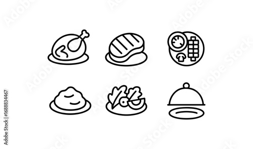 Minimalist food icons: chicken, steak, rice, salad, grill, cloche - modern line art set