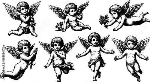 Set of Detailed Vector Illustrations of Cherub with Wings Depicted in Classic Engraving Style for Mythology and Vintage Art Design