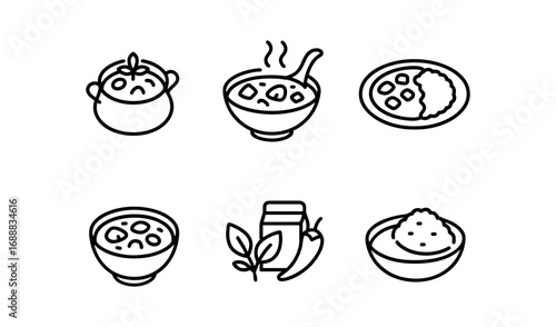 Simple linear icons of various soups and stews with minimalist design