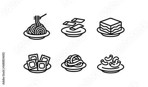 Linear icons of italian pasta dishes on plates
