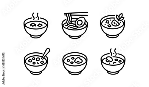 Line art soup bowls collection featuring ramen and garnishes