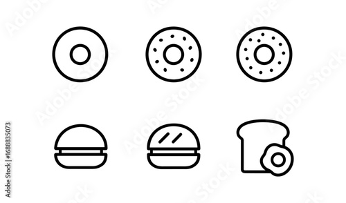 Minimalist linear food icons featuring donuts, burgers, and toast with egg