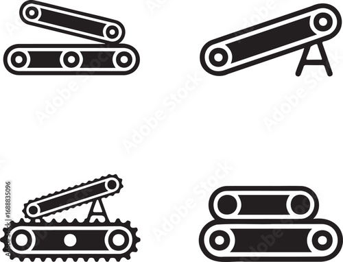 Set of Industrial Conveyor Belt Icons – Vector Silhouettes for Manufacturing and Automation 