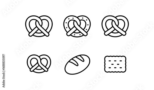 Minimalist bakery icon collection featuring pretzels, bread, and crackers
