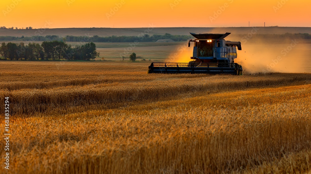 Naklejka premium Harvesting wheat at sunset with a combine harvester in golden fields.