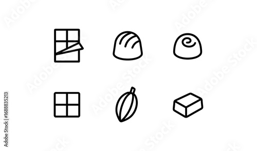 Minimalist chocolate icons set featuring bars, bonbons, and cocoa pods