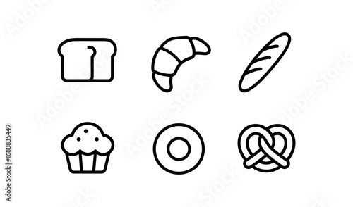 Minimalist linear icon set of bakery items: bread, croissant, baguette, muffin, donut, pretzel