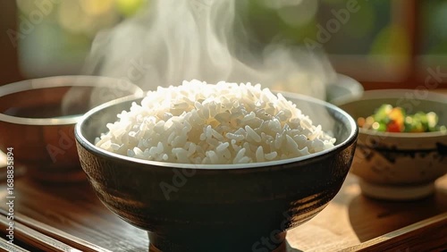 Steaming bowl of white rice presented with chopsticks and side dishes on a wooden surface, bathed in soft natural light.