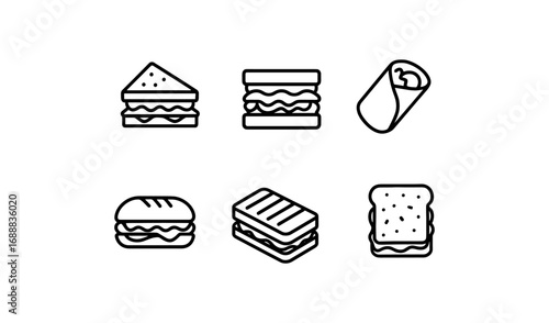 Minimalistic line icons of sandwiches and wraps for food apps and menus