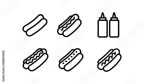 Minimalist hot dog icons with condiments in outline design