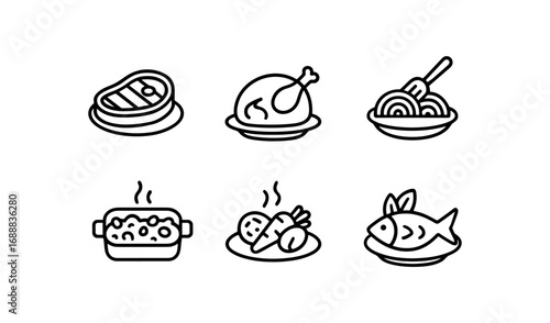 Black and white outline icon set of popular food dishes on plates