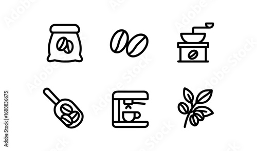 Minimalist coffee icons: beans, grinder, machine, and plant elements