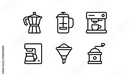 Sleek line art icons of coffee makers and accessories