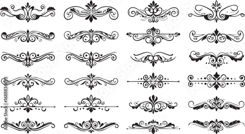 Assorted Black Ornate Flourishes and Decorative Elements Keywords: flourish, divider, ornament, decorative, ornate, vintage, scroll, swirl, filigree, elegant, design element, graphic, isolated