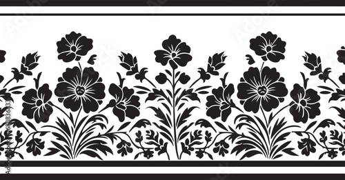 Black Floral Border with Repeating Flowers Buds and Leaves on White Background Keywords: floral, border, pattern, black and white, decorative, seamless, repeating, flowers, buds, leaves, vines