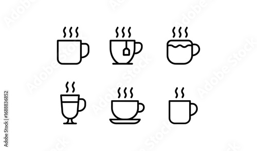 Minimalistic coffee cup icons representing various hot beverages in line art style