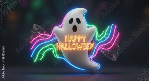 Spooky ghost shining neon lights and Happy Halloween wishes for festive party fun and trick or treat excitement