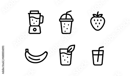 Simple line icons of smoothie ingredients and drinks for healthy living