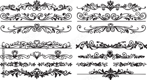 Collection of Black Decorative Floral Swirl Ornaments and Borders on White Background Keywords: ornament, decorative, border, flourish, swirl, scroll, vintage, elegant, filigree, floral, heart
