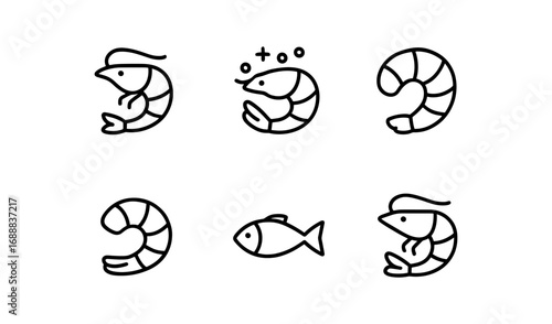 Minimalist shrimp and fish icons set in simple line art style