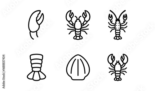 Minimalist lobster and seafood icons in simple line art style