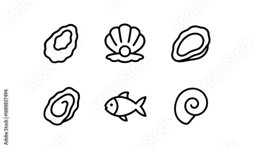 Minimalist sea life icons: shells, oysters, and fish in simple line art