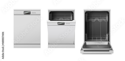 3d realistic vector illustration. Dishwashing machine closed, half open and open empty. Isolated on white background.