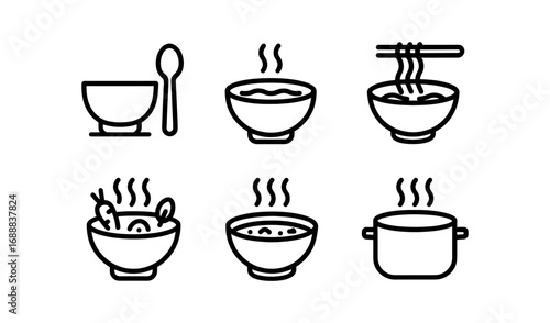 Minimalist outline icons of bowls with soup, noodles, and spoons