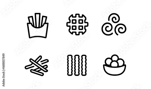 Minimalist line icons of popular snacks: fries, chips, waffles, gumballs