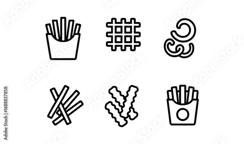Variety of french fries in linear style: curly, crinkle, waffle, and classic designs