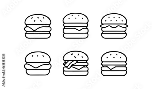 Minimalist outline icons of various burgers with simple toppings