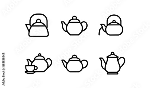 Minimalist tea kettle set: simple black line icons of classic and modern designs
