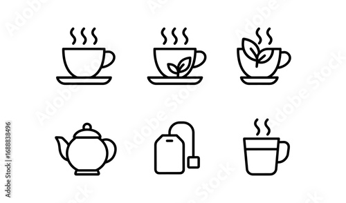 Minimalist line icons of tea cups, teapots, and tea bags for beverage designs