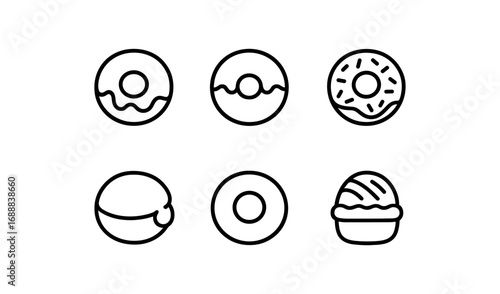 Minimalist donut icons set with various toppings and designs
