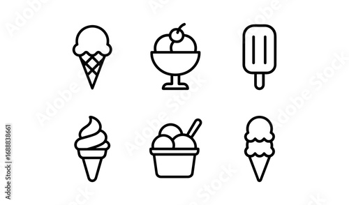 Minimalist ice cream icons set featuring various desserts with line art style