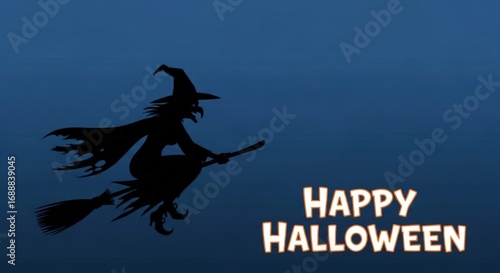 Spooky witch silhouette flying on broom for Halloween night and party invite designs, eerie celebration graphic