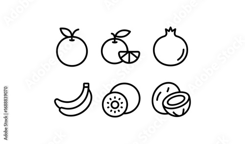 Minimalist fruit icon set: citrus, banana, kiwi, coconut, pomegranate in linear style