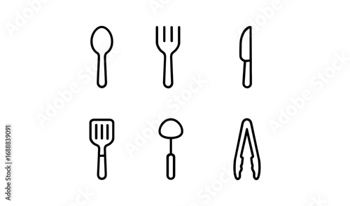 Minimalist kitchen utensils set: spoon, fork, knife, spatula, ladle, tongs