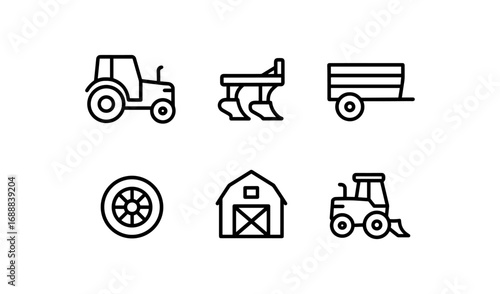 Minimalist farm equipment icons featuring tractor, barn, and wheel