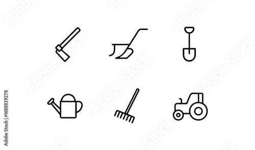 Minimalist farm tools icons collection: tractors, shovels, rakes, and more