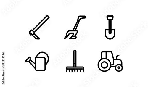 Minimalist garden tool icons: pickaxe, hoe, shovel, watering can, rake, tractor