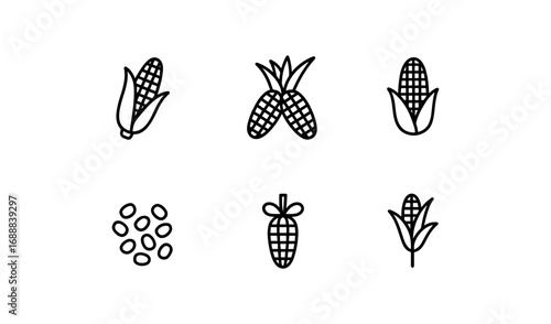Minimalist corn icons set featuring different styles of corn and seeds