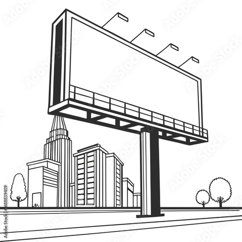 Blank Billboard in City Setting: Black and White Line Drawing
